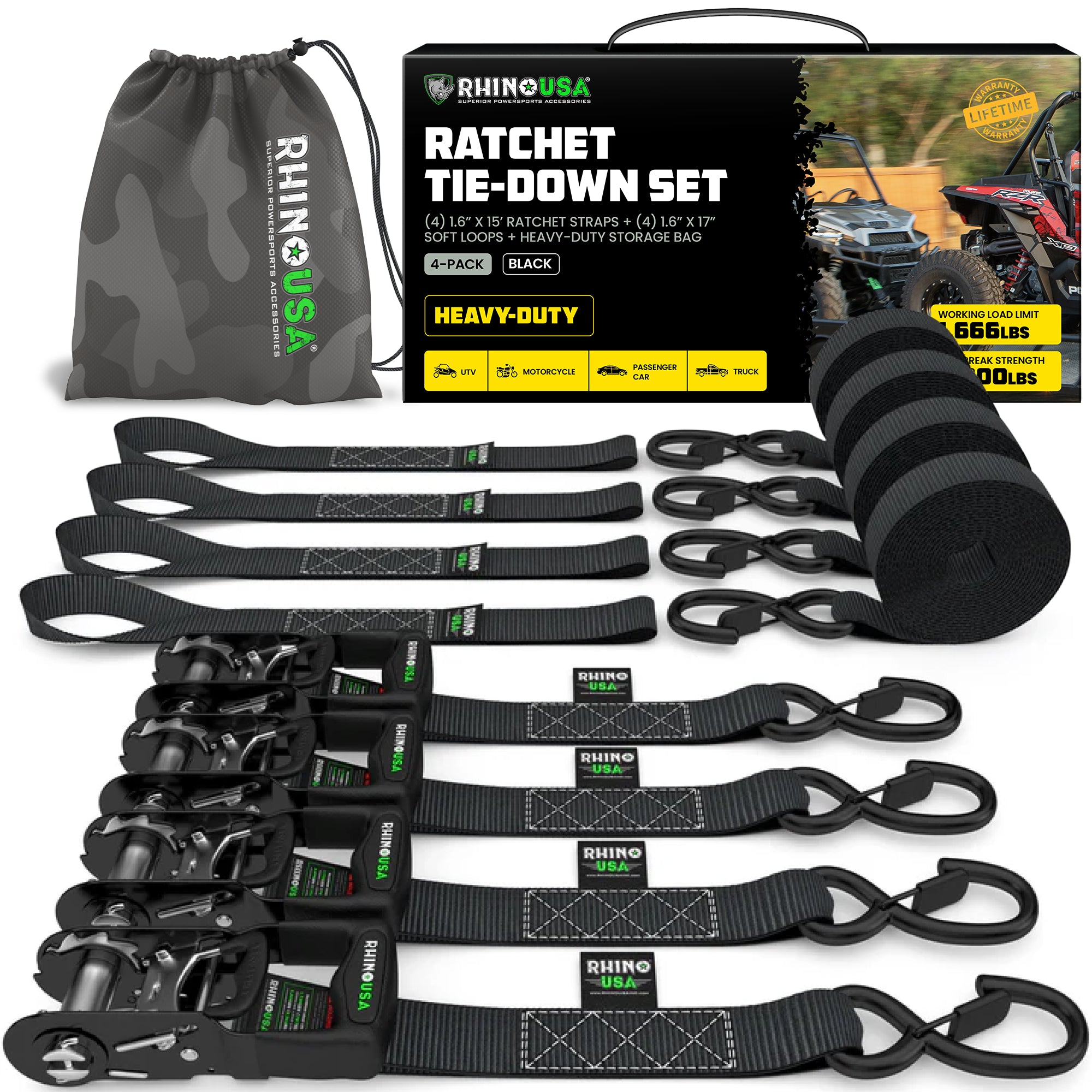 1.6" x 15' HD Ratchet Tie-Down Set (4-Pack)