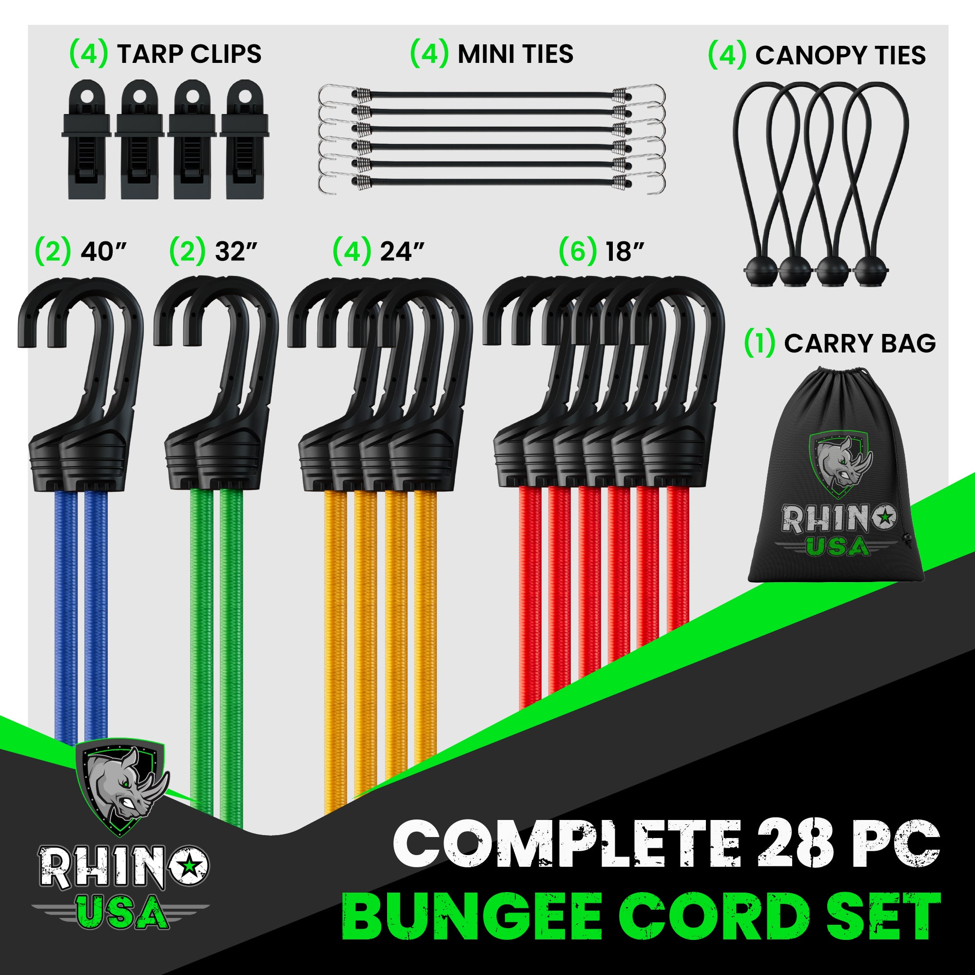 28Pc Bungee Cords with Hooks - Carabiner Bungee Cords Heavy Duty Outdoor -  Rubber Bungee Cord Set Assorted Sizes Includes Long Bungee Straps, Ball